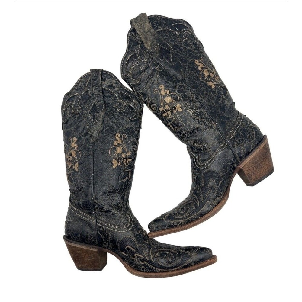 Corral Vintage Boots Womens 7.5 M Black Distressed Lizard Inlay Snip Toe Western